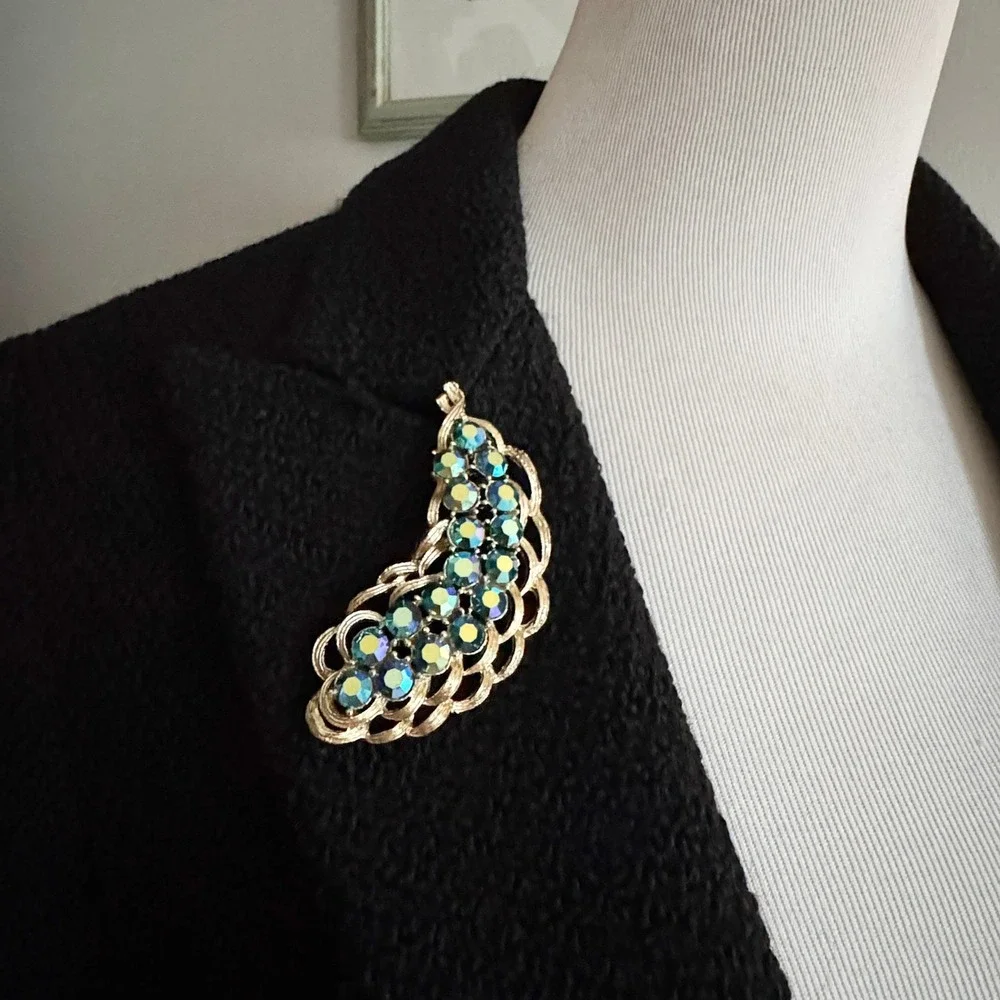Vintage Statement‎ Brooch Pin Peacock Blue Green Aurora Borealis Rhinestones